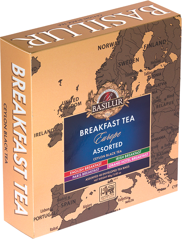 Pudełko herbat Basilur Breakfast Tea Europe ukazane pod kątem, z eleganckim złotym wykończeniem.