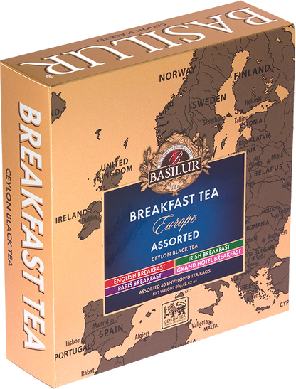Pudełko herbat Basilur Breakfast Tea Europe ukazane pod kątem, z eleganckim złotym wykończeniem.