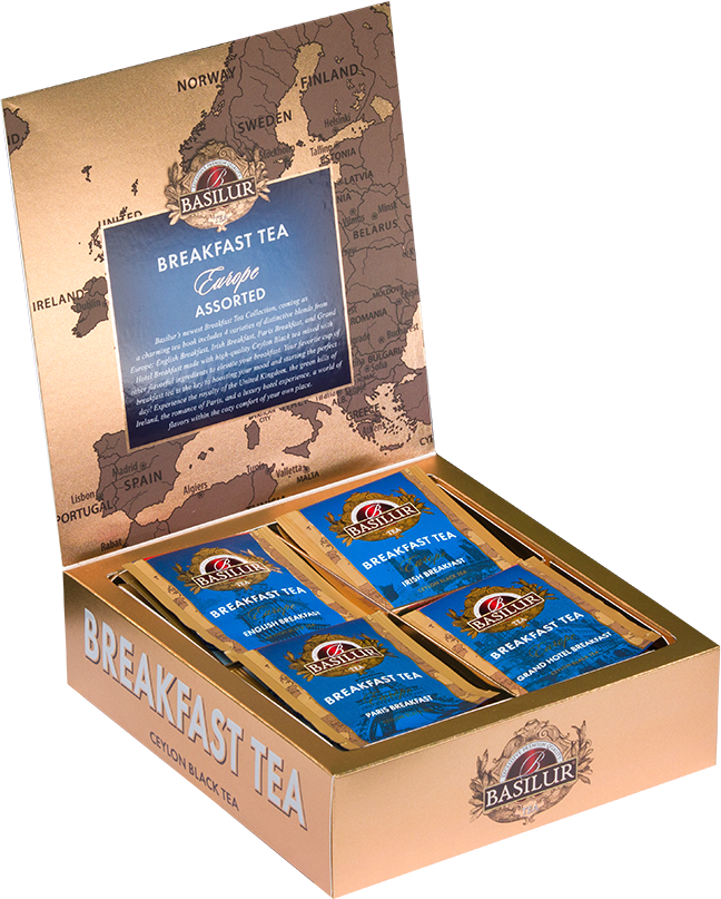 Zestaw herbat Basilur Breakfast Tea Europe w otwartym pudełku z kopertami herbat śniadaniowych.