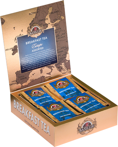 Zestaw herbat Basilur Breakfast Tea Europe w otwartym pudełku z kopertami herbat śniadaniowych.