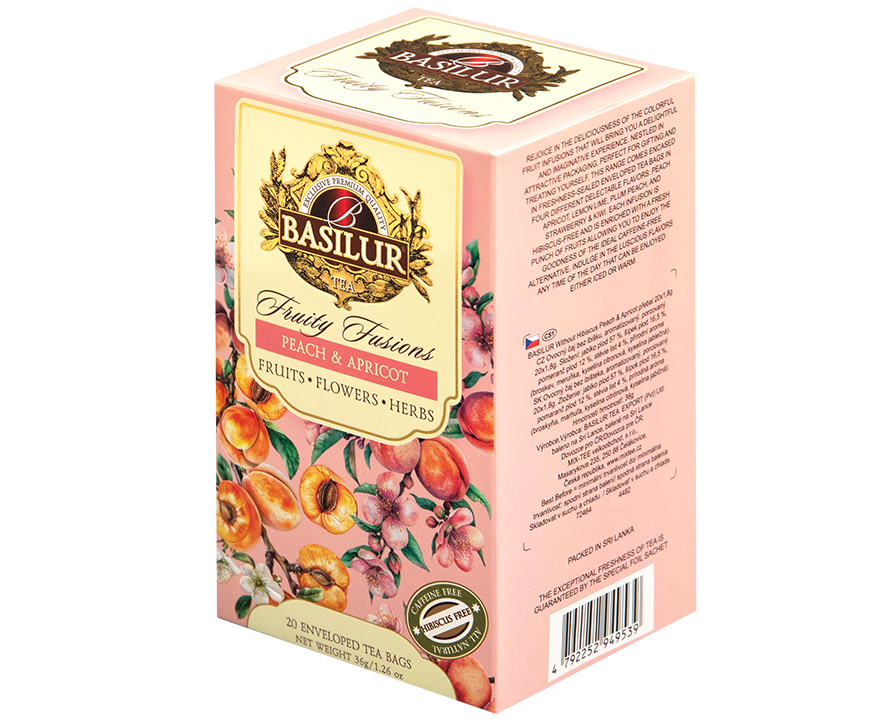 Widok z tyłu pudełka herbaty Basilur Peach & Apricot z opisem produktu.