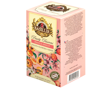 Widok z tyłu pudełka herbaty Basilur Peach & Apricot z opisem produktu.