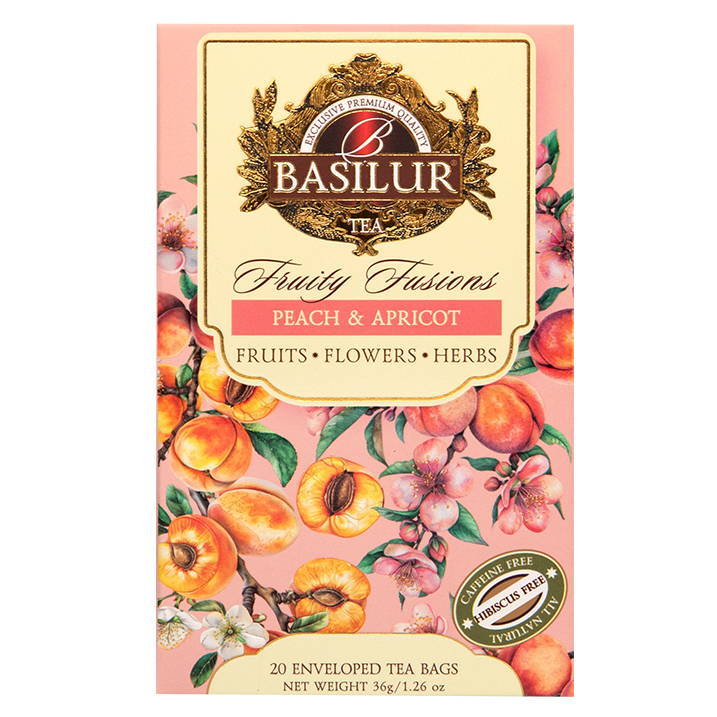 Przód opakowania herbaty Basilur Peach & Apricot z ilustracjami owoców.