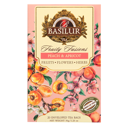 Przód opakowania herbaty Basilur Peach & Apricot z ilustracjami owoców.