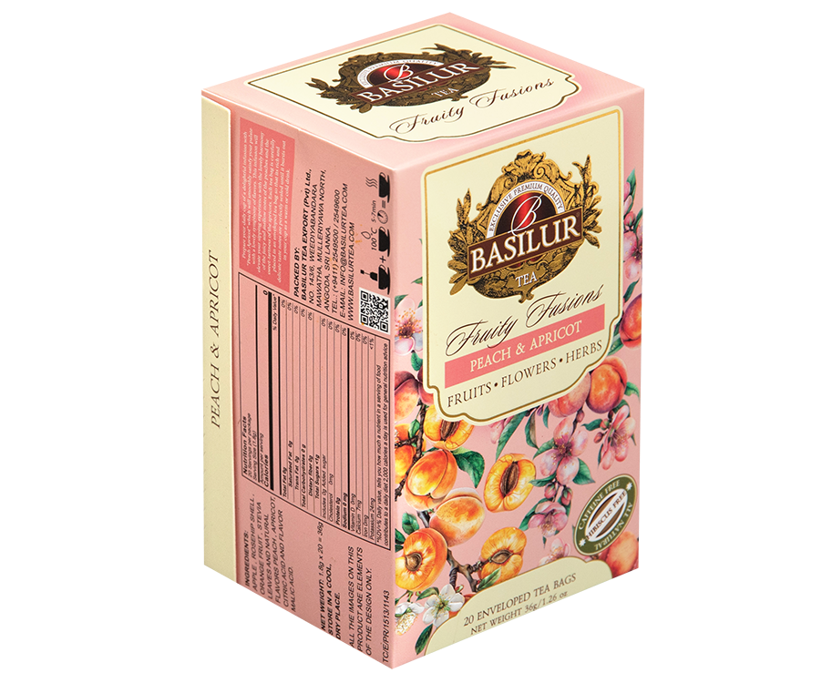 Opakowanie herbaty Basilur Peach & Apricot z serii Fruity Fusions.