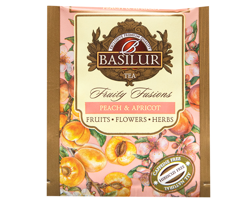 Koperta herbaty Basilur Peach & Apricot z motywem brzoskwiń i moreli.