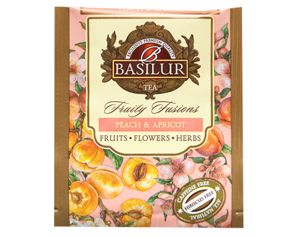 Koperta herbaty Basilur Peach & Apricot z motywem brzoskwiń i moreli.