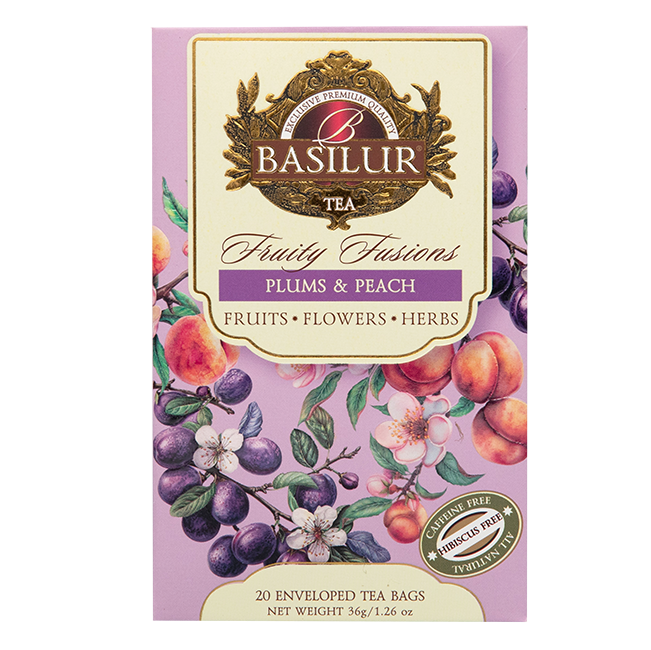 Przód pudełka herbaty Basilur Plums & Peach z motywem śliwek i brzoskwiń.