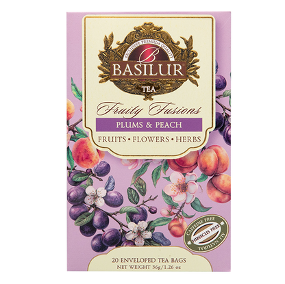 Przód pudełka herbaty Basilur Plums & Peach z motywem śliwek i brzoskwiń.