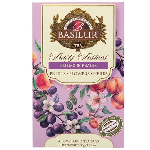 Przód pudełka herbaty Basilur Plums & Peach z motywem śliwek i brzoskwiń.