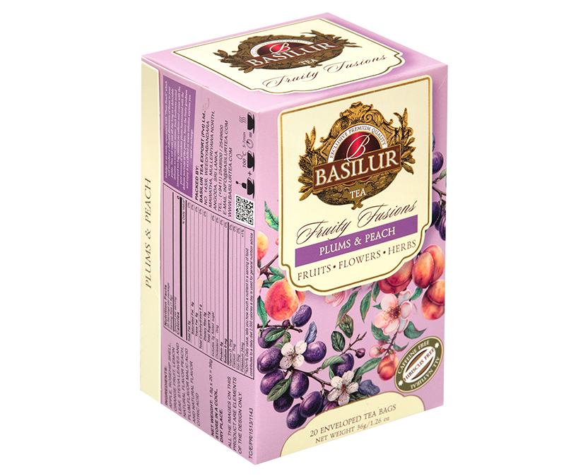 Widok z boku opakowania Basilur Plums & Peach z informacjami o produkcie.