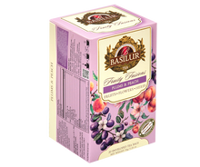 Widok z boku opakowania Basilur Plums & Peach z informacjami o produkcie.