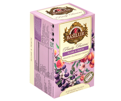 Widok z boku opakowania Basilur Plums & Peach z informacjami o produkcie.