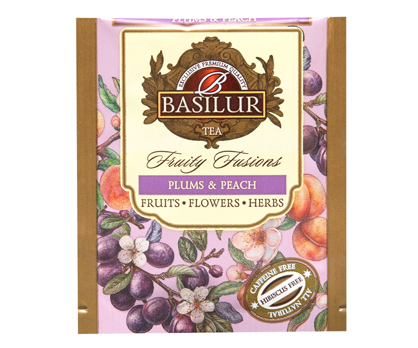 Koperta herbaty Basilur Plums & Peach z ilustracjami owoców.