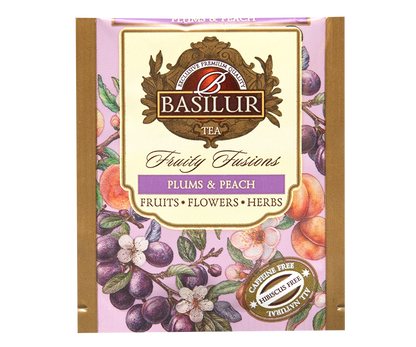 Koperta herbaty Basilur Plums & Peach z ilustracjami owoców.