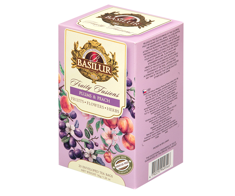 Opakowanie herbaty Basilur Plums & Peach z serii Fruity Fusions.