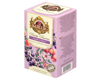 Opakowanie herbaty Basilur Plums & Peach z serii Fruity Fusions.