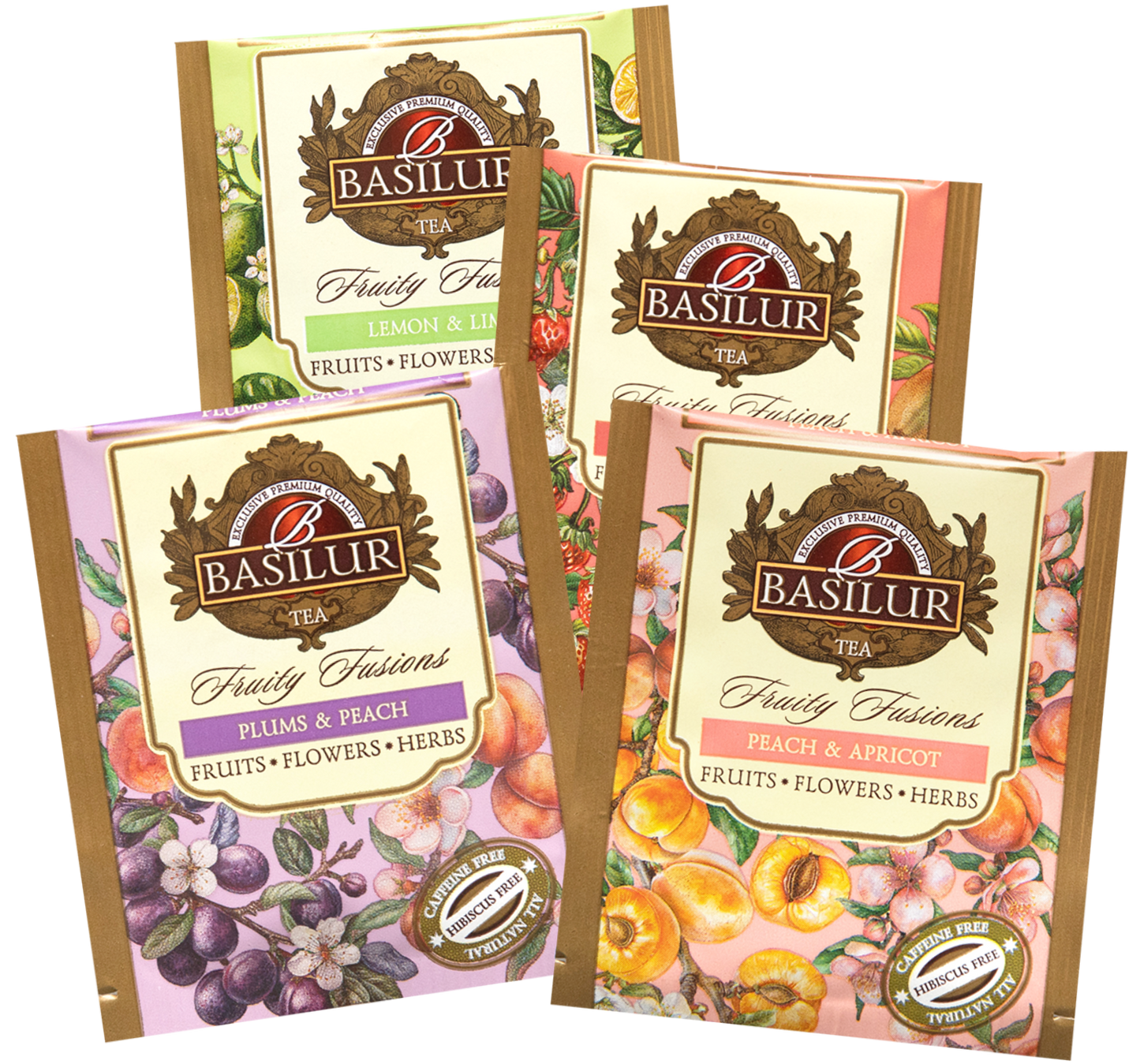 Koperty herbat Basilur Fruity Fusions w czterech smakach: Lemon & Lime, Strawberry & Kiwi, Plums & Peach, Peach & Apricot.