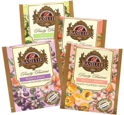 Koperty herbat Basilur Fruity Fusions w czterech smakach: Lemon & Lime, Strawberry & Kiwi, Plums & Peach, Peach & Apricot.