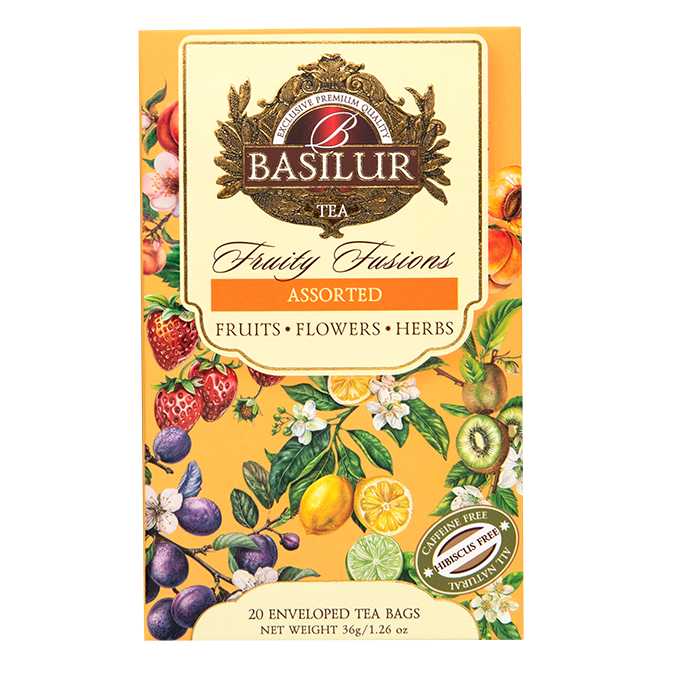 Przód pudełka Basilur Fruity Fusions z ilustracjami owoców.