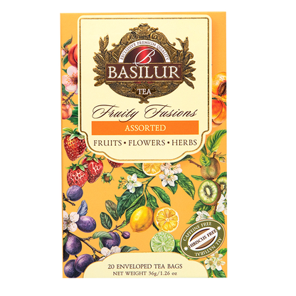 Przód pudełka Basilur Fruity Fusions z ilustracjami owoców.