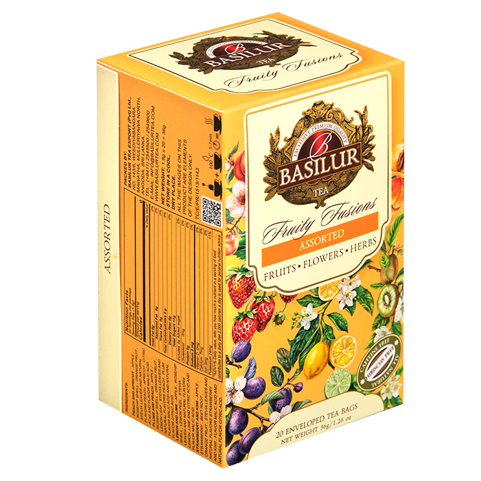 Widok z boku opakowania Basilur Fruity Fusions z informacjami o składzie.