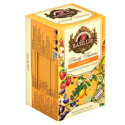 Widok z boku opakowania Basilur Fruity Fusions z informacjami o składzie.