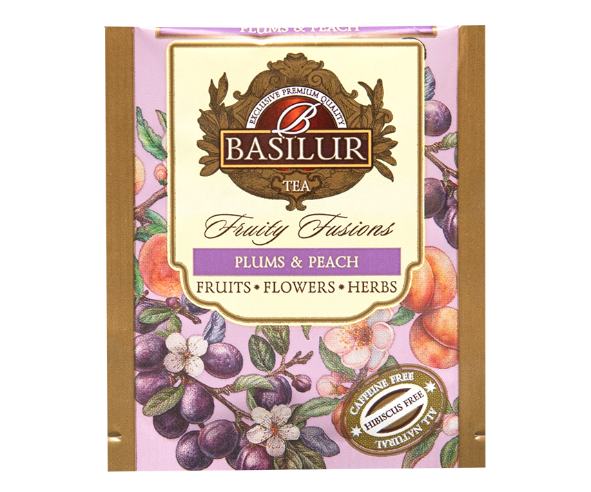 Koperta herbaty Basilur Plums & Peach z serii Fruity Fusions.