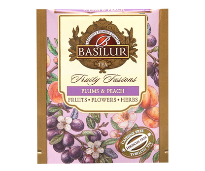 Koperta herbaty Basilur Plums & Peach z serii Fruity Fusions.
