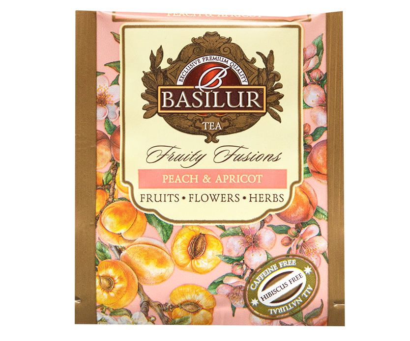 Koperta herbaty Basilur Peach & Apricot z owocowym motywem.