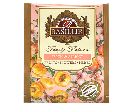 Koperta herbaty Basilur Peach & Apricot z owocowym motywem.