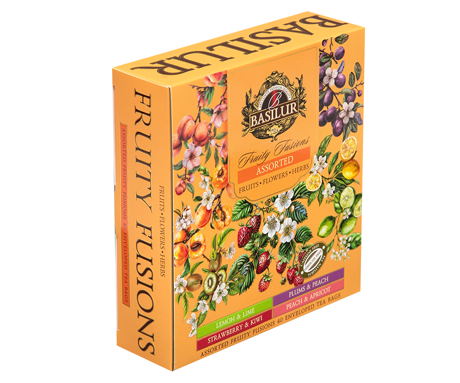 Pudełko zestawu Basilur Fruity Fusions z widocznymi owocami i nazwami smaków.