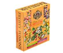 Pudełko zestawu Basilur Fruity Fusions z widocznymi owocami i nazwami smaków.