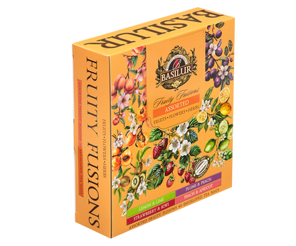 Pudełko zestawu Basilur Fruity Fusions z widocznymi owocami i nazwami smaków.
