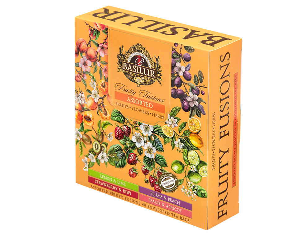 Opakowanie herbaty Basilur Fruity Fusions widoczne z boku.