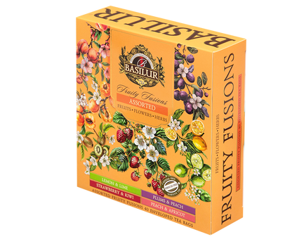 Opakowanie herbaty Basilur Fruity Fusions widoczne z boku.