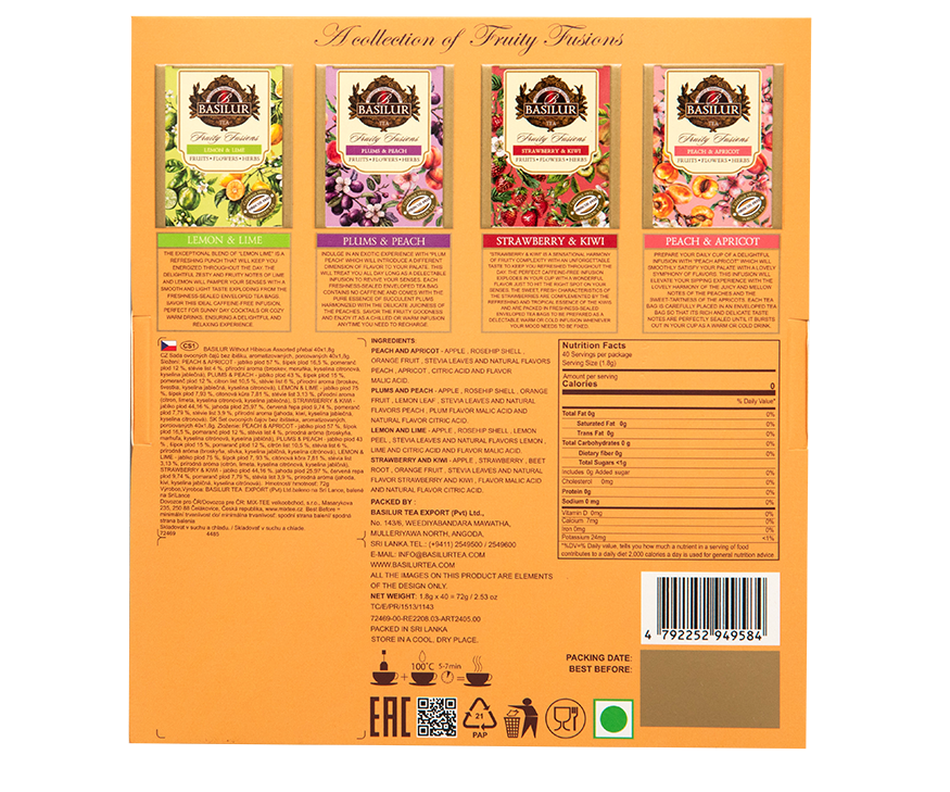 Tył pudełka Basilur Fruity Fusions z opisami smaków i składem.