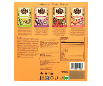 Tył pudełka Basilur Fruity Fusions z opisami smaków i składem.