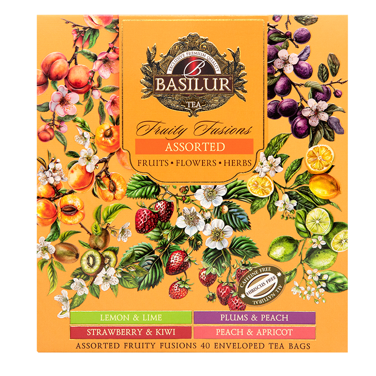 Przód zestawu Basilur Fruity Fusions – cztery rodzaje owocowych naparów.