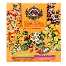 Przód zestawu Basilur Fruity Fusions – cztery rodzaje owocowych naparów.