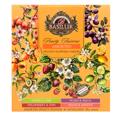 Przód zestawu Basilur Fruity Fusions – cztery rodzaje owocowych naparów.
