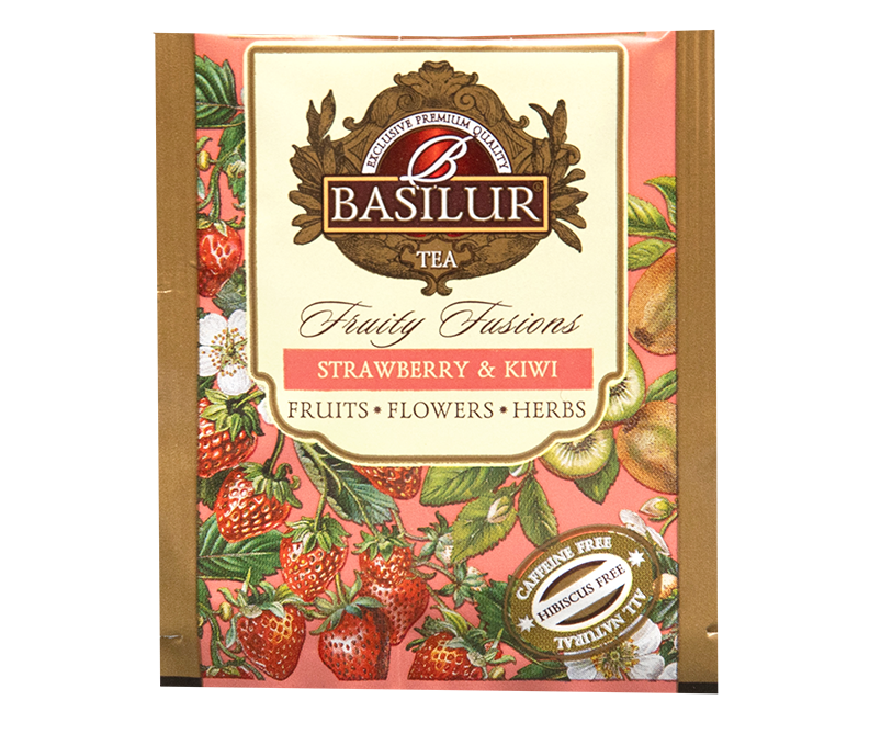 Koperta herbaty Basilur Strawberry & Kiwi z ilustracjami truskawek i kiwi.