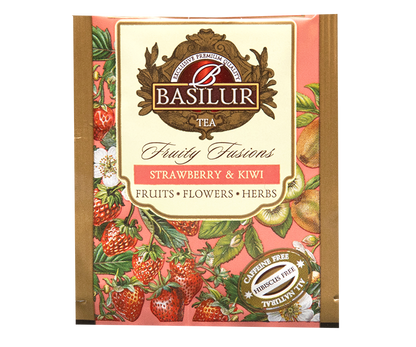 Koperta herbaty Basilur Strawberry & Kiwi z ilustracjami truskawek i kiwi.