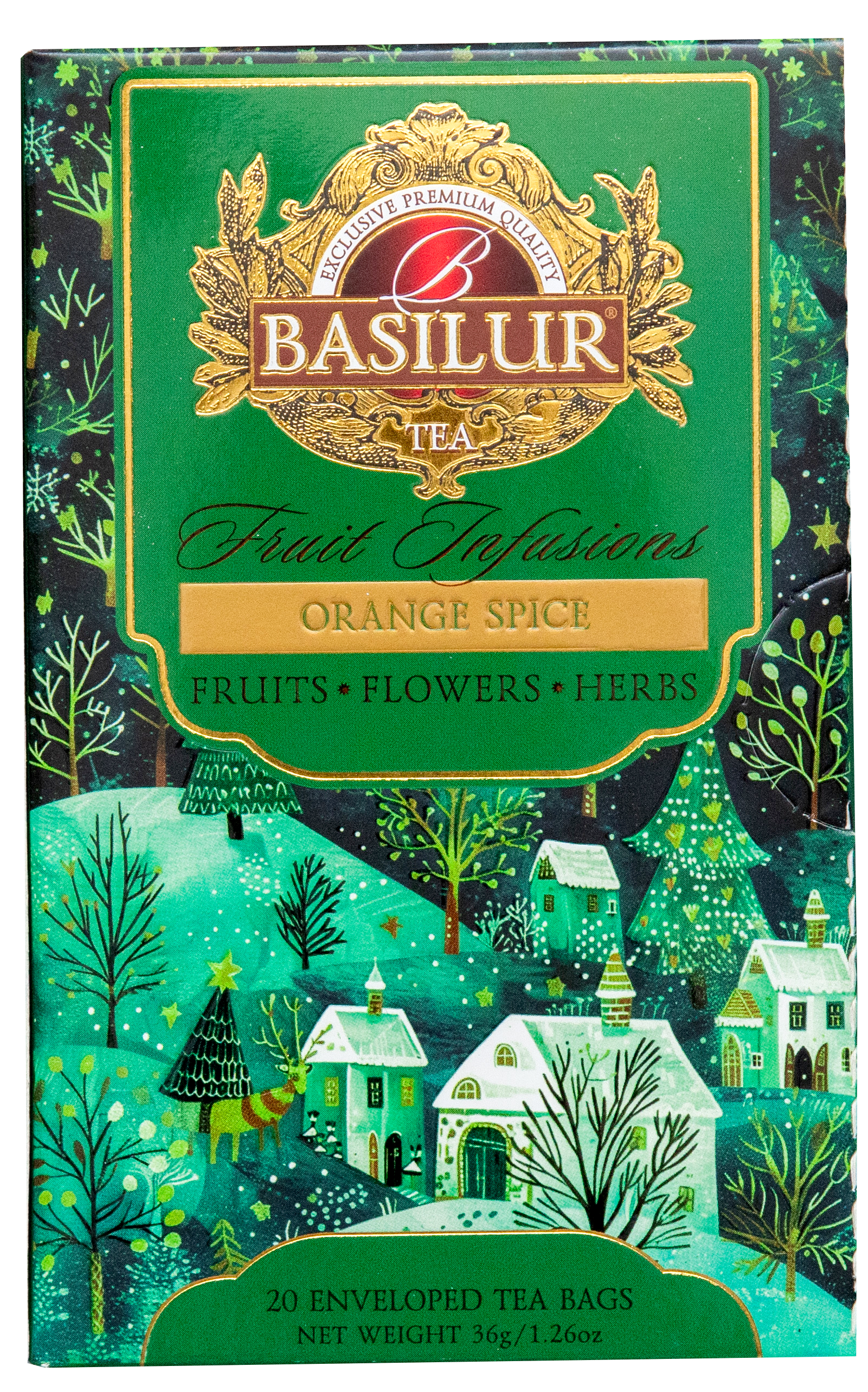 Przód pudełka Basilur Orange Spice z motywem świątecznej wioski i złotym logo Basilur.