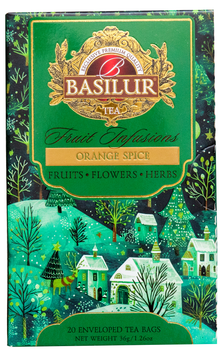 Przód pudełka Basilur Orange Spice z motywem świątecznej wioski i złotym logo Basilur.