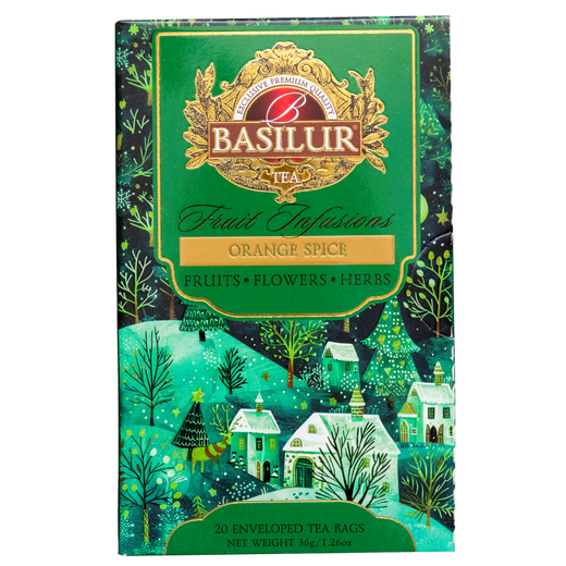 Przód pudełka Basilur Orange Spice z motywem świątecznej wioski i złotym logo Basilur.