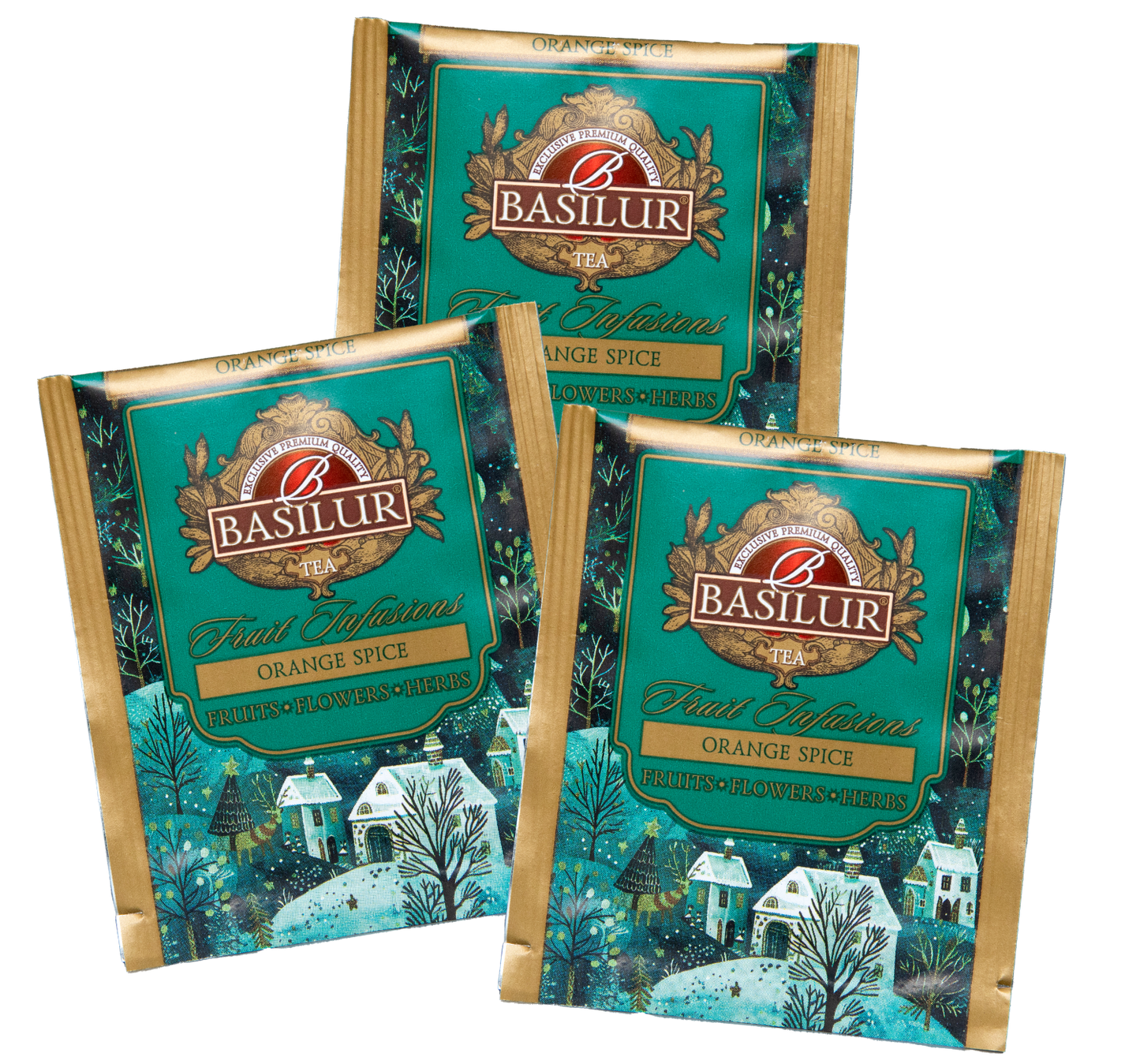 Saszetki herbaty Basilur Orange Spice z ilustracją zimowej wioski.