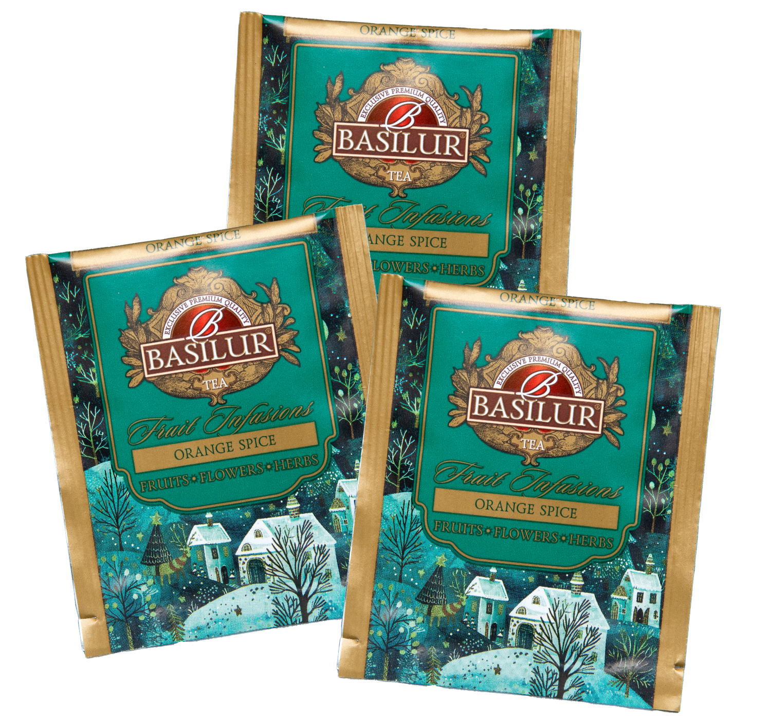 Saszetki herbaty Basilur Orange Spice z ilustracją zimowej wioski.