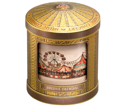 Herbata Basilur Festive Delight – puszka z ilustracją świątecznego jarmarku.