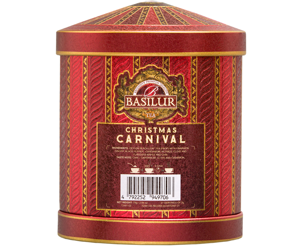 Czerwona puszka Basilur Christmas Fantasy z motywem piernikowych domków i choinek.